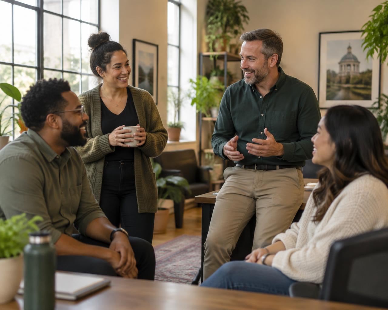Maryland employers and employees talking together in a bright office